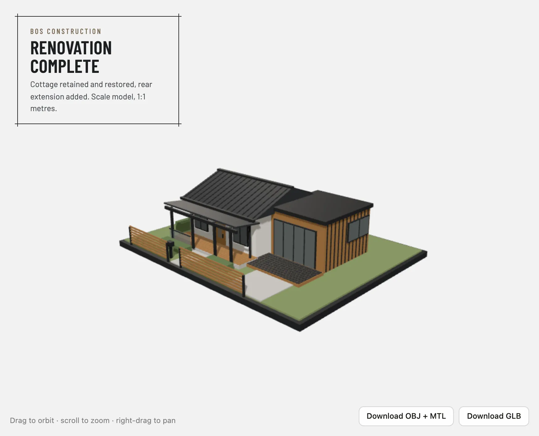 Scale model showing a cottage with a new rear extension