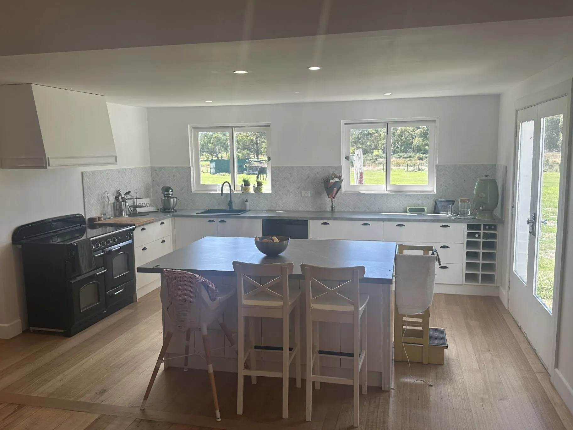 Finished renovated kitchen with stone island and freestanding range at Taylors Court, Kyneton