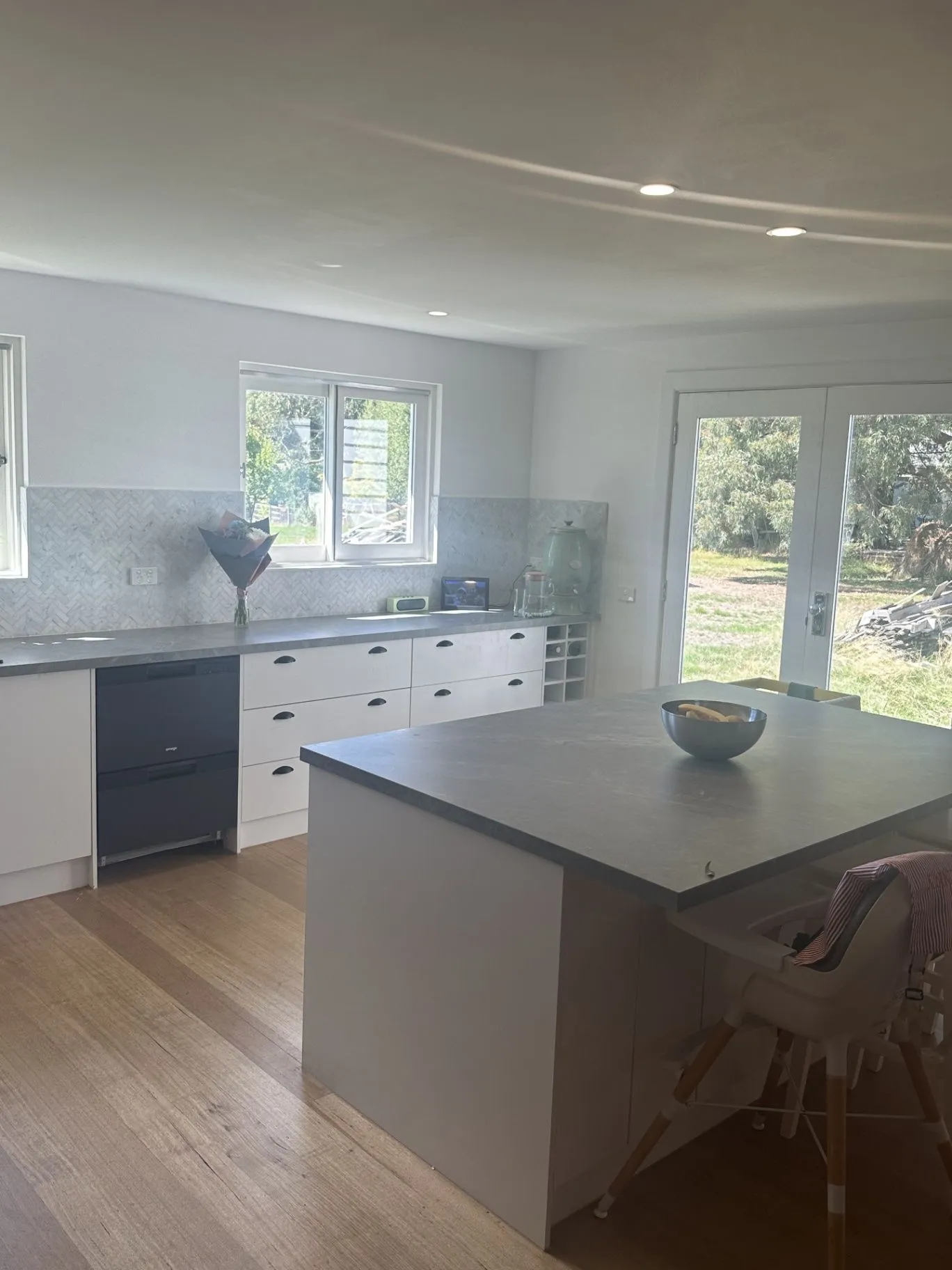 Kitchen island and benchtop in the completed Taylors Court renovation, Kyneton.
